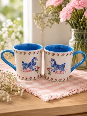 Cath Kidston London Set of 2 Poodle Mugs Blue Pink Floral Cottagecore Cups